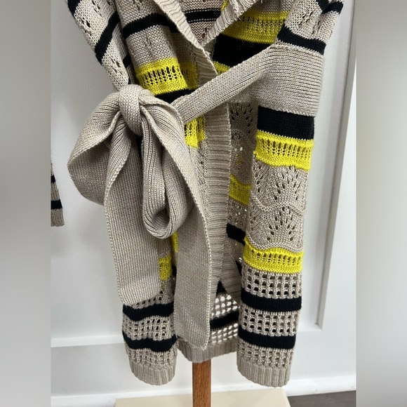 The Limited Cream Yellow Black Striped Open Front Belted Cardigan Sweater sz Med - Picture 5 of 9